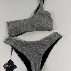 Zaful Glittering Silver One-Shoulder Bikini